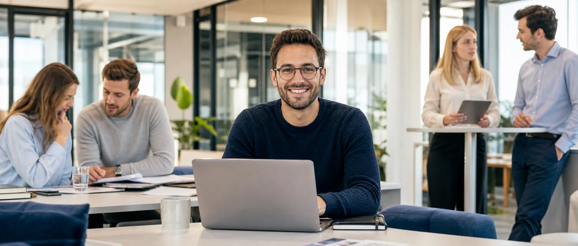 Team arbeitet gemeinsam in einem modernen Büro